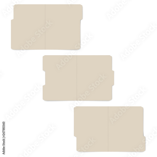 Letter size set of tabbed manila folders, vector template. Open empty file folder with cut tab, realistic mock-up kit