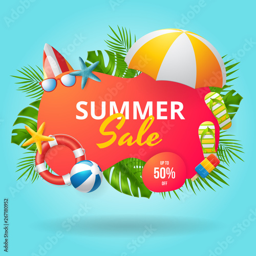 Summer sale vector banner design with colorful beach elements. Vector illustration
