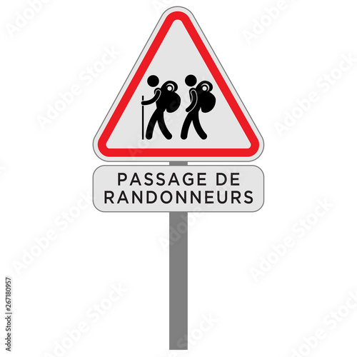 Panneau triangulaire de signalisation de randonneurs
