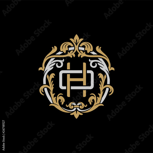Initial letter O and H, OH, HO, decorative ornament emblem badge, overlapping monogram logo, elegant luxury silver gold color on black background