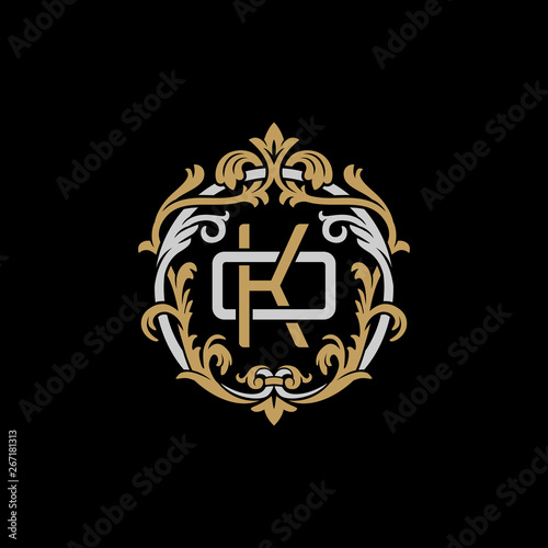 Initial letter O and K, OK, KO, decorative ornament emblem badge, overlapping monogram logo, elegant luxury silver gold color on black background
