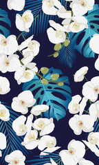 Wandcirkels Orchidee patronen Witte orchideeën met palmbladeren  © JANNTA