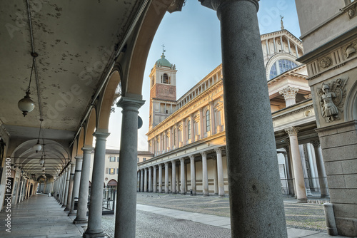 Historic center of an Italian city at sunrise. Novara city, piazza della Repubblica (square della Repubblica) with Novara cathedral (Duomo di Novara or Cattedrale di Santa Maria Assunta), north Italy photo