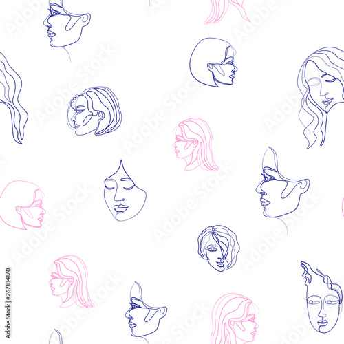 sketchy minimal seamless pattern with women faces drawn in continuous line style. © ursulamea