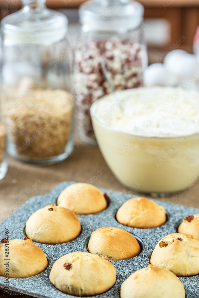 Baked muffins in baking dish