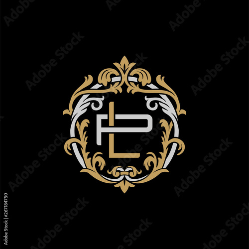 Initial letter P and L, PL, LP, decorative ornament emblem badge, overlapping monogram logo, elegant luxury silver gold color on black background