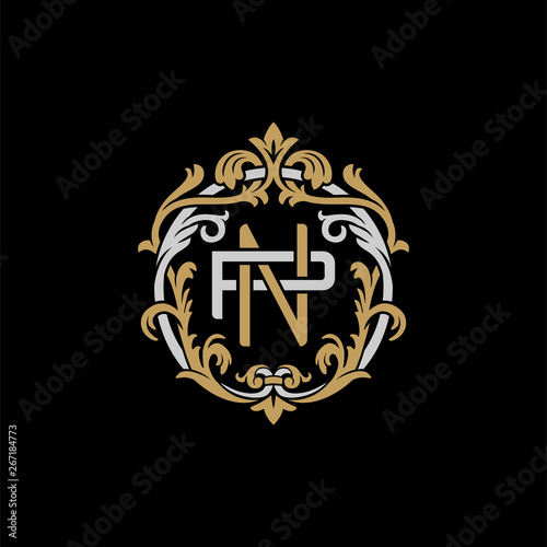 Initial letter P and N, PN, NP, decorative ornament emblem badge, overlapping monogram logo, elegant luxury silver gold color on black background