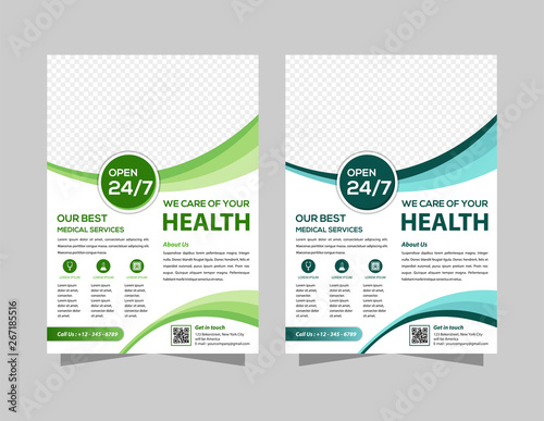 Green medicine brochure for advertising with outline icons. Health layout concept. white background curve style. space for photo on top.