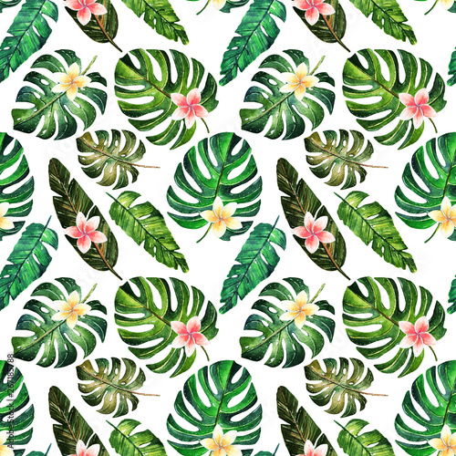 Watercolor illustration. Tropical summer. Different leaves and flowers  set  handmade. Beautiful postcard for you. Background white  seamless pattern  light  background