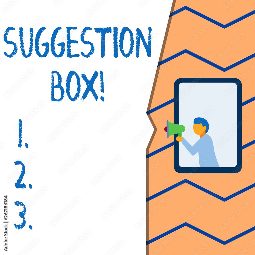 Conceptual hand writing showing Suggestion Box. Concept meaning container which showing can leave comments about something Conceptual hand writing showing Suggestion Box. Concept meaning container which showing can leave comments about something