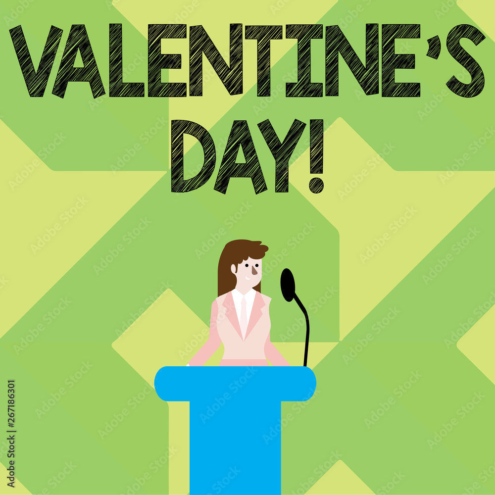 Writing note showing Valentine S Day. Business concept for roanalysistic holiday celebrated each year on February 14 Businesswoman Behind Podium Rostrum Speaking on Microphone