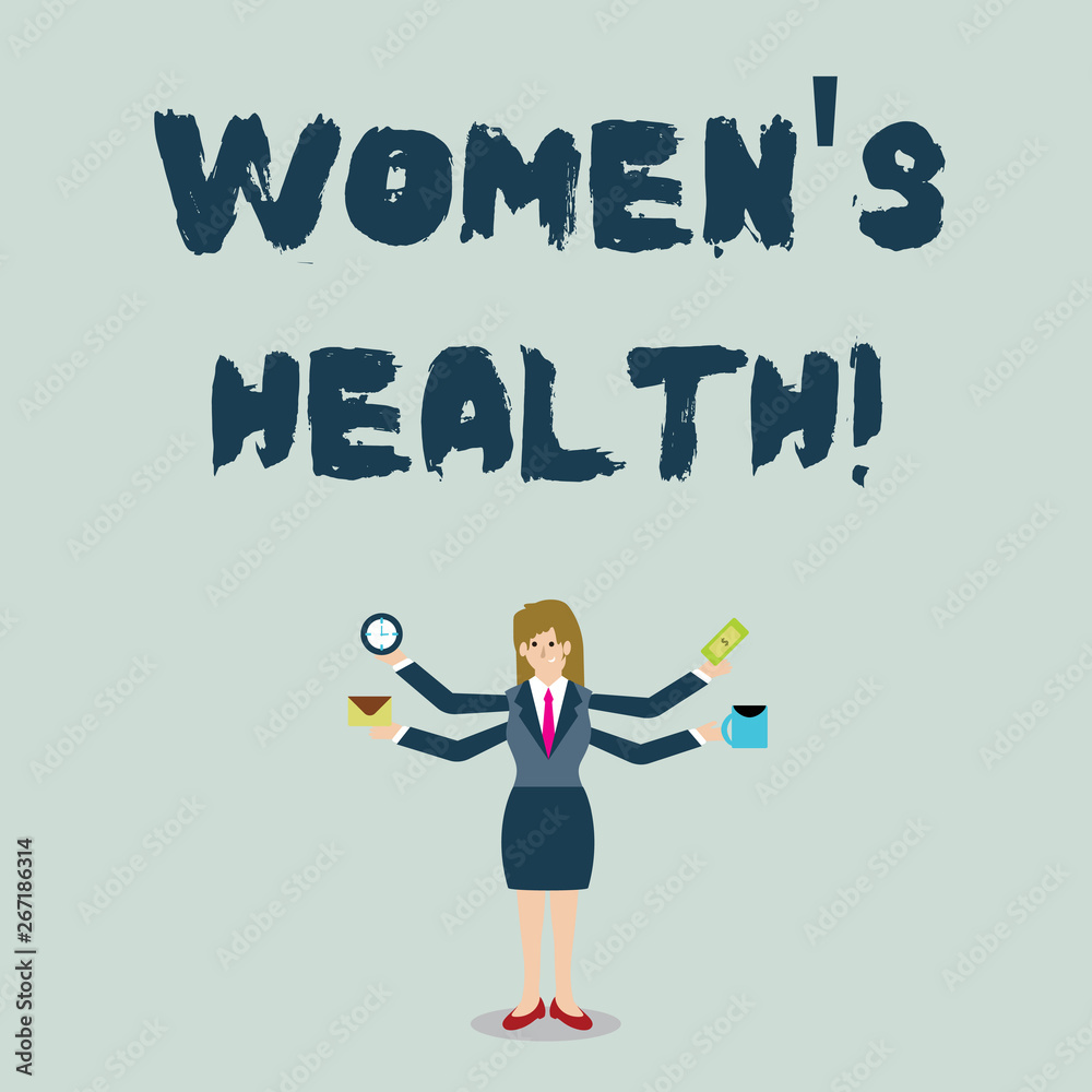 Naklejka premium Handwriting text Women S Is Health. Conceptual photo the health issues specific to huanalysis anatomy Businesswoman with Four Arms Extending Sideways Holding Workers Needed Item