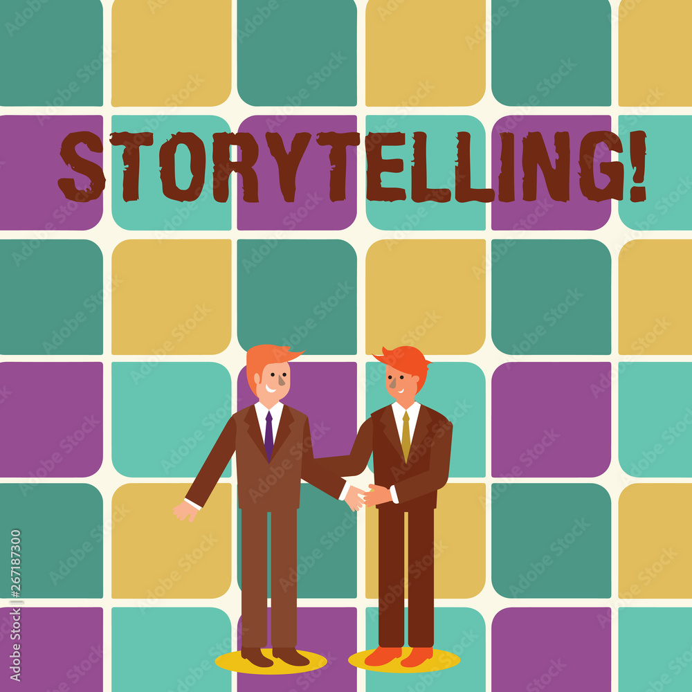Text sign showing Storytelling. Business photo showcasing activity writing stories for publishing them to public Two Businessmen Standing, Smiling and Greeting each other by Handshaking Text sign showing Storytelling. Business photo showcasing activity writing stories for publishing them to public Two Businessmen Standing, Smiling and Greeting each other by Handshaking