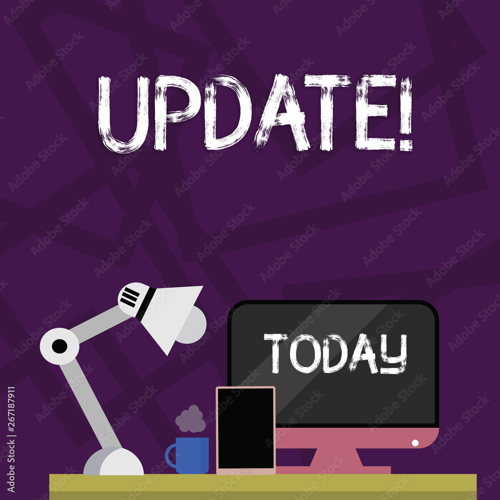 Fototapeta premium Handwriting text writing UPDATE. Conceptual photo make something more modern or up to date like software program Arrangement of Workspace for Nightshift Worker with Computer,Tablet and Lamp