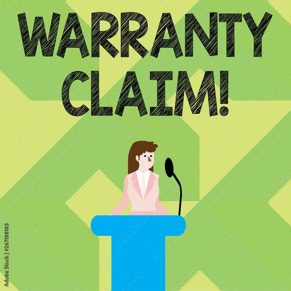 Writing note showing Warranty Claim. Business concept for Right of a customer for replacement or repair or compensation Businesswoman Behind Podium Rostrum Speaking on Microphone Writing note showing Warranty Claim. Business concept for Right of a customer for replacement or repair or compensation Businesswoman Behind Podium Rostrum Speaking on Microphone