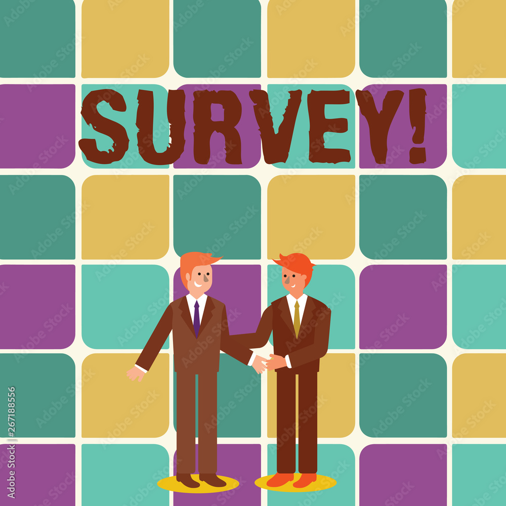 Text sign showing Survey. Business photo showcasing research method used for collecting data from a predefined group Two Businessmen Standing, Smiling and Greeting each other by Handshaking Text sign showing Survey. Business photo showcasing research method used for collecting data from a predefined group Two Businessmen Standing, Smiling and Greeting each other by Handshaking