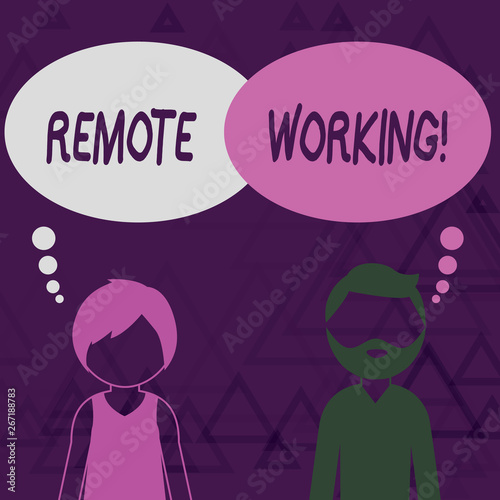 Writing note showing Remote Working. Business concept for situation in which an employee works mainly from home Bearded Man and Woman with the Blank Colorful Thought Bubble