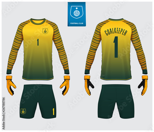 Goalkeeper jersey or soccer kit mockup. Goalkeeper glove and long sleeve jersey  template design. Sport t-shirt mock up. Front and back view soccer uniform. Football logo design. Vector Illustration.