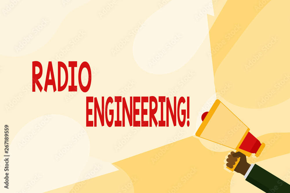 Text sign showing Radio Engineering. Business photo text Concerned with the operation and repair of radio equipment Hand Holding Megaphone with Blank Wide Beam for Extending the Volume Range