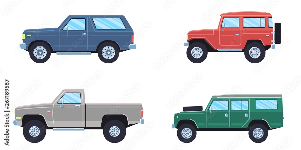 Off-road 4x4 suv cars set. Side view offroad car in different colors. Flat style suv. Vector illustration. Off-road 4x4 suv cars set. Side view offroad car in different colors. Flat style suv. Vector illustration.