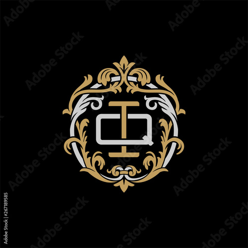 Initial letter Q and I, QI, IQ, decorative ornament emblem badge, overlapping monogram logo, elegant luxury silver gold color on black background
