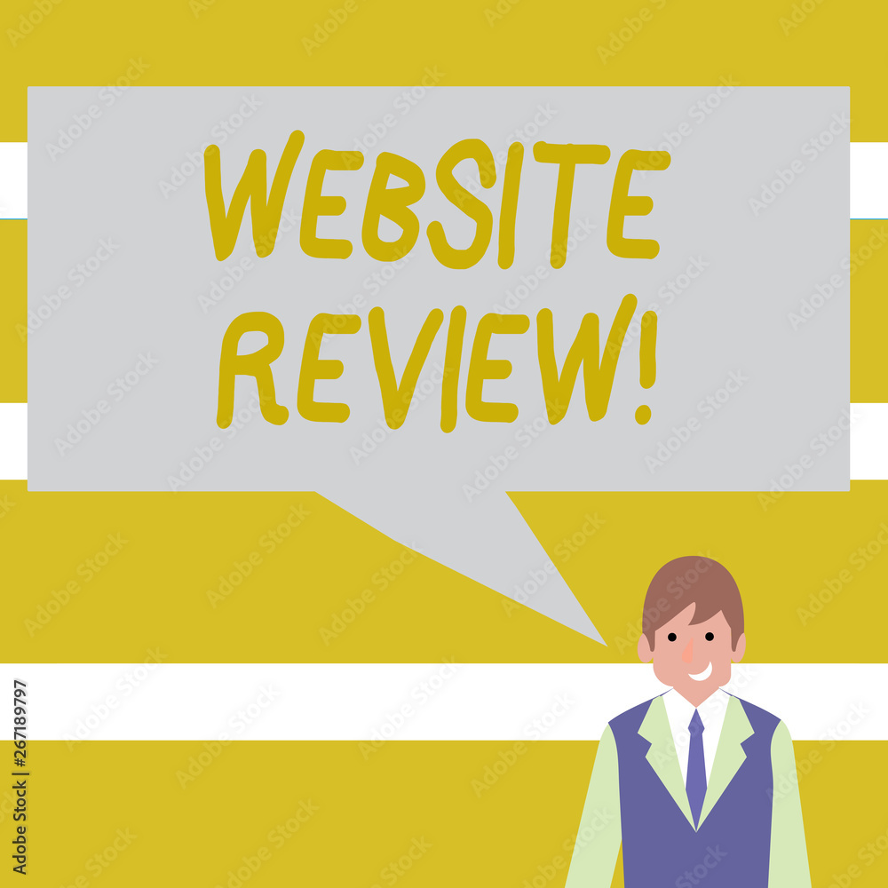 Conceptual hand writing showing Website Review. Concept meaning the customer ratings and assessments of businesses or service Businessman Smiling and Talking Blank Color Speech Bubble Conceptual hand writing showing Website Review. Concept meaning the customer ratings and assessments of businesses or service Businessman Smiling and Talking Blank Color Speech Bubble