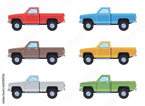 Off-road 4x4 pickup cars set. Side view offroad car in different colors. Flat style pickup. Vector illustration.