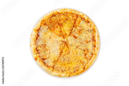Pizza four cheeses whole round, cut into pieces, on a white isolated background, view from above. Fast food in a pizzeria, a floury cheese product