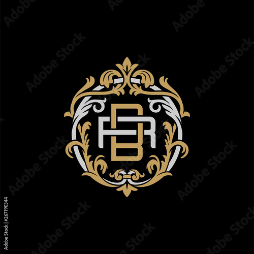 Initial letter R and B, RB, BR, decorative ornament emblem badge, overlapping monogram logo, elegant luxury silver gold color on black background