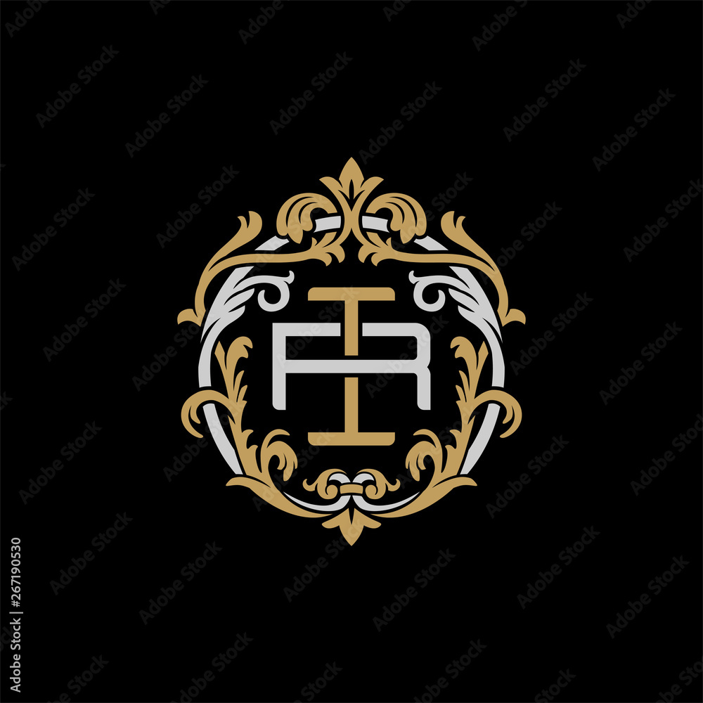 Initial letter R and I, RI, IR, decorative ornament emblem badge, overlapping monogram logo, elegant luxury silver gold color on black background Initial letter R and I, RI, IR, decorative ornament emblem badge, overlapping monogram logo, elegant luxury silver gold color on black background