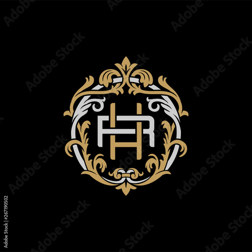 Initial letter R and H, RH, HR, decorative ornament emblem badge, overlapping monogram logo, elegant luxury silver gold color on black background