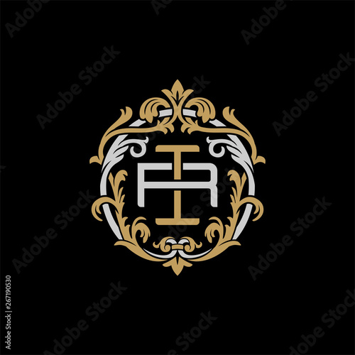 Initial letter R and I, RI, IR, decorative ornament emblem badge, overlapping monogram logo, elegant luxury silver gold color on black background