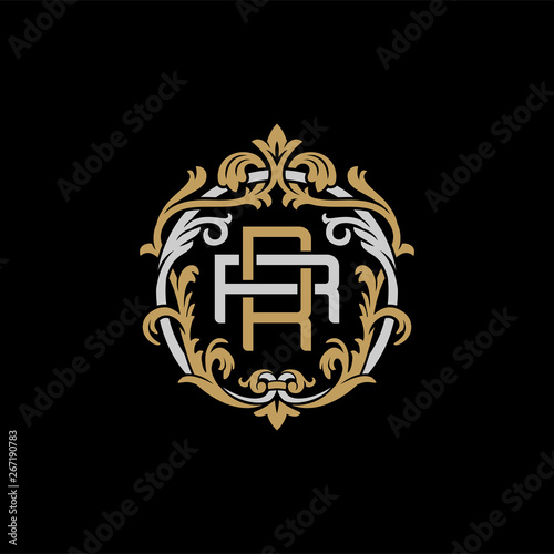 Initial letter R and R  RR  decorative ornament emblem badge  overlapping monogram logo  elegant luxury silver gold color on black background