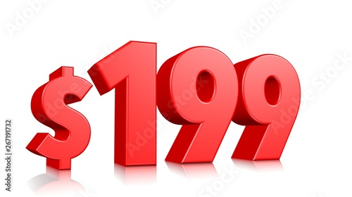 199$ One hundred ninety nine price symbol. red text number 3d render with dollar sign on white background