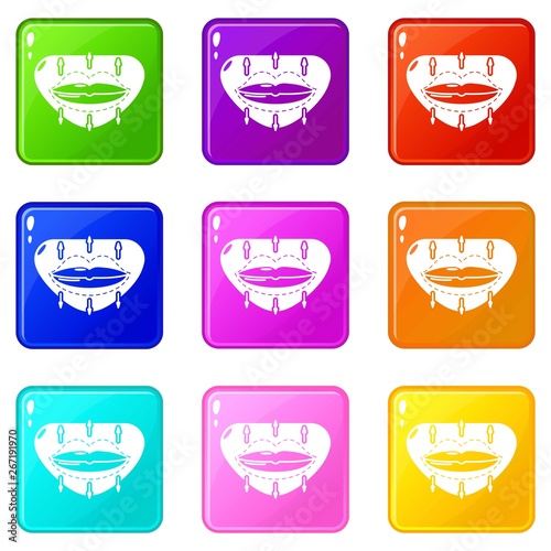 Lip augmentation icons set 9 color collection isolated on white for any design