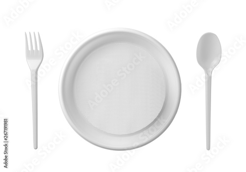Plastic plate, spoon and fork isolated on white background.