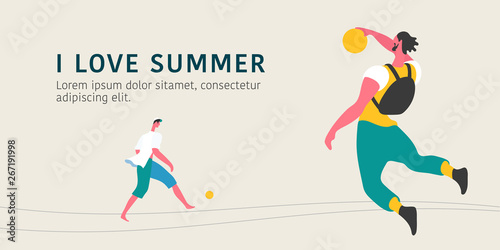 Young men playing soccer and basketball vector illustration.