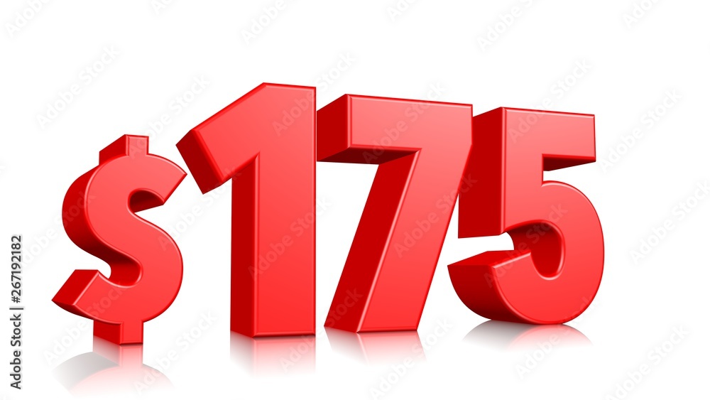 175$ One hundred seventy five price symbol. red text number 3d render with dollar sign on white background 175$ One hundred seventy five price symbol. red text number 3d render with dollar sign on white background