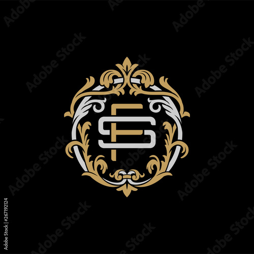Initial letter S and F, SF, FS, decorative ornament emblem badge, overlapping monogram logo, elegant luxury silver gold color on black background