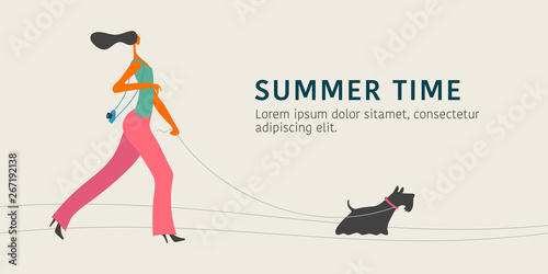 Young caucasian woman walking with the dog vector illustration.
