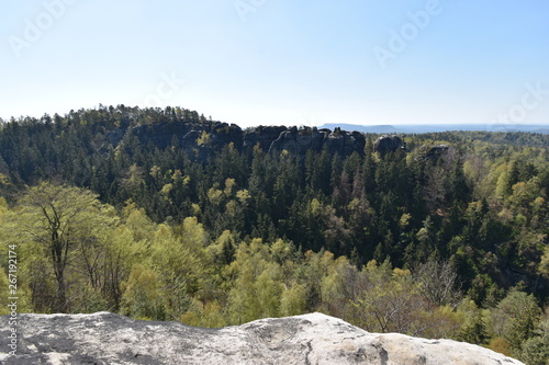 Panorama of Elbe Sandstone Mountains in beautiful Saxon Switzerland near Bohemian Switzerland in Germany photo