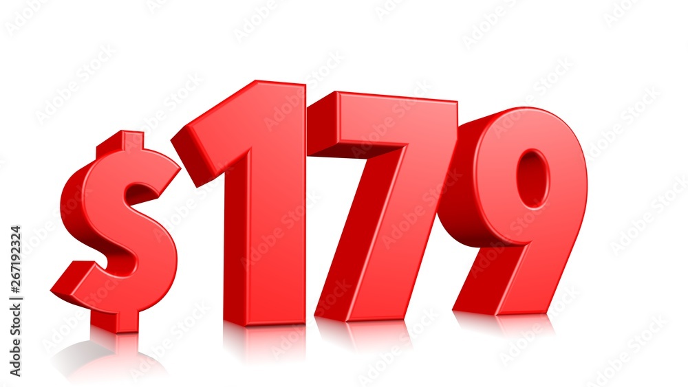 179$ One hundred seventy-nine price symbol. red text number 3d render with dollar sign on white background 179$ One hundred seventy-nine price symbol. red text number 3d render with dollar sign on white background