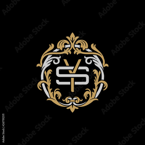 Initial letter S and Y, SY, YS, decorative ornament emblem badge, overlapping monogram logo, elegant luxury silver gold color on black background