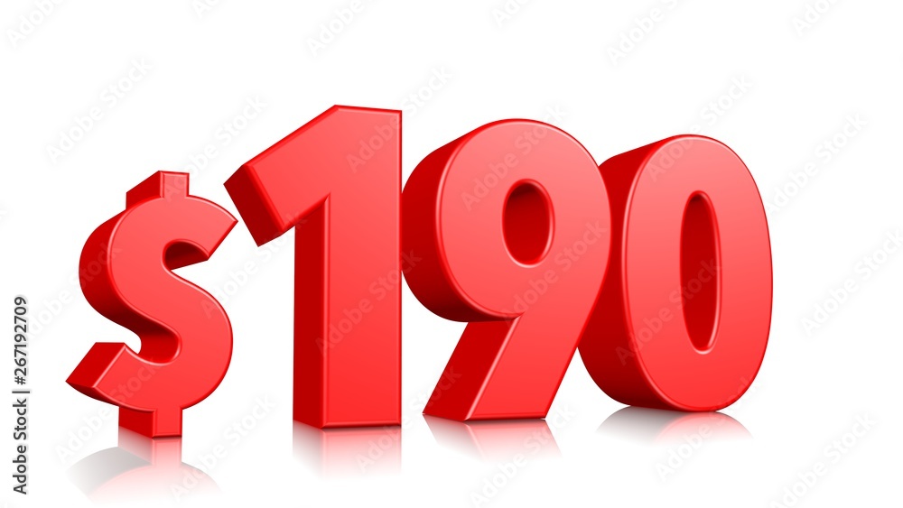 190$ One hundred ninety price symbol. red text number 3d render with dollar sign on white background 190$ One hundred ninety price symbol. red text number 3d render with dollar sign on white background