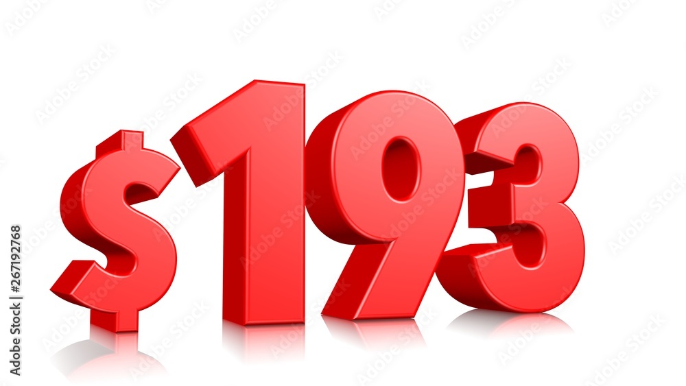 193$ One hundred and ninety three price symbol. red text number 3d render with dollar sign on white background 193$ One hundred and ninety three price symbol. red text number 3d render with dollar sign on white background