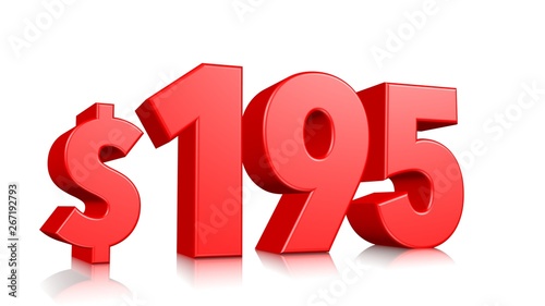 195$ One hundred and ninety five price symbol. red text number 3d render with dollar sign on white background