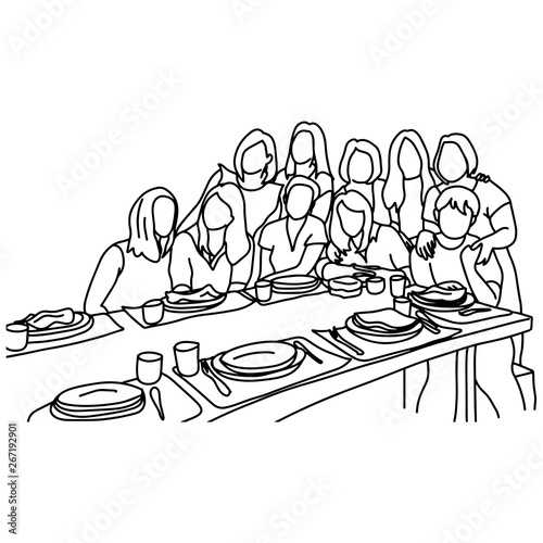 ten female people taking photo together in restaurant vector illustration sketch doodle hand drawn with black lines isolated on white background. Teamwork or family concept.