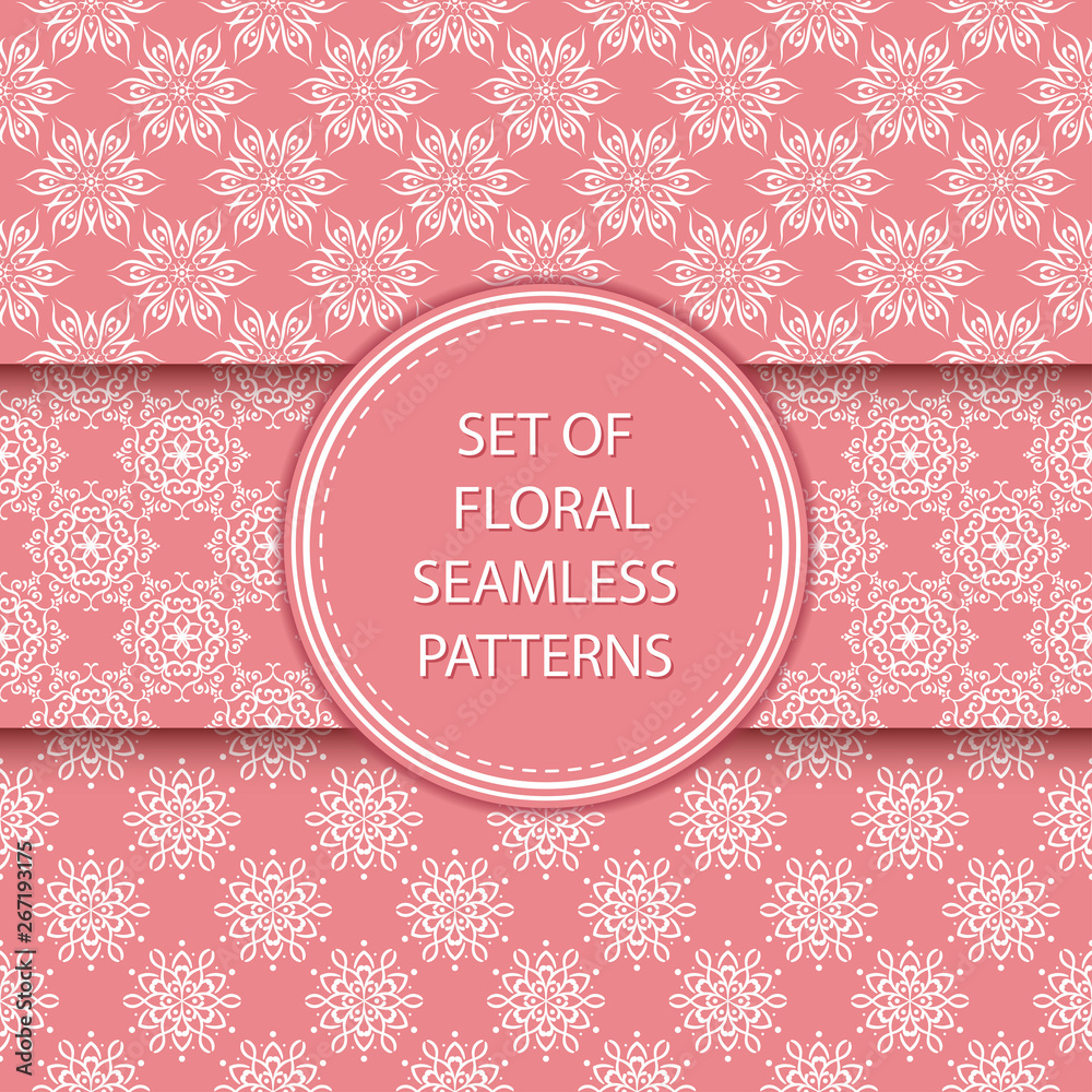 Pink and white floral seamless backgrounds. Compilation of patterns Pink and white floral seamless backgrounds. Compilation of patterns