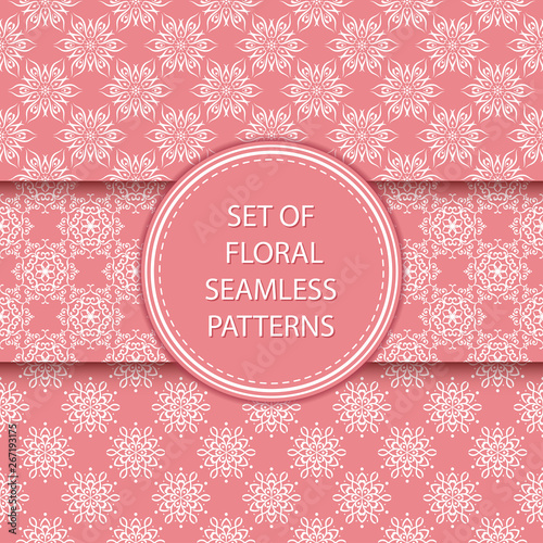 Pink and white floral seamless backgrounds. Compilation of patterns