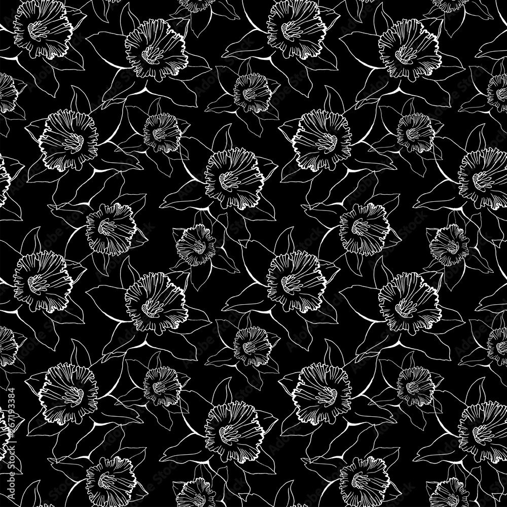 Black and white botanical seamless pattern with contour of flowers Narcissus, Daffodils. Realistic outline sketch on black background. Design for textile, fabric, wallpaper, packaging.
